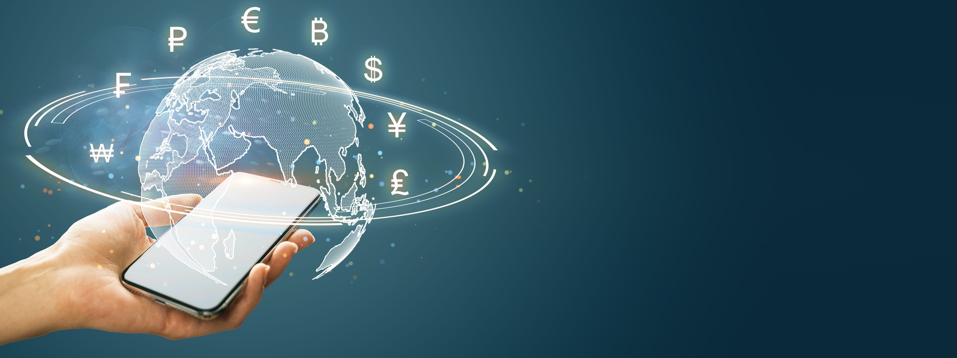 Hand holding smartphone with global currencies symbols and digital Earth on dark background.