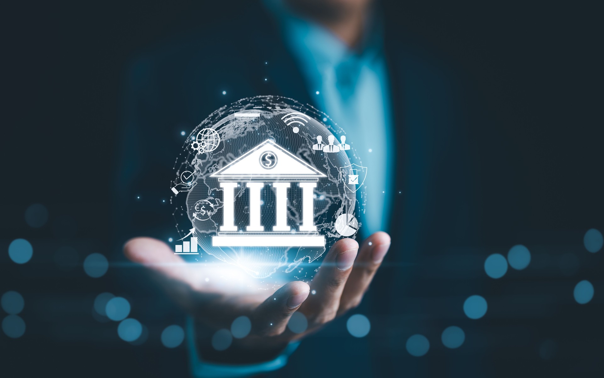 Digital Banking and Financial Technology Concept. Businessman presents digital banking and financial technology icons, and currency symbols, emphasizing modern online payment systems and e-commerce.