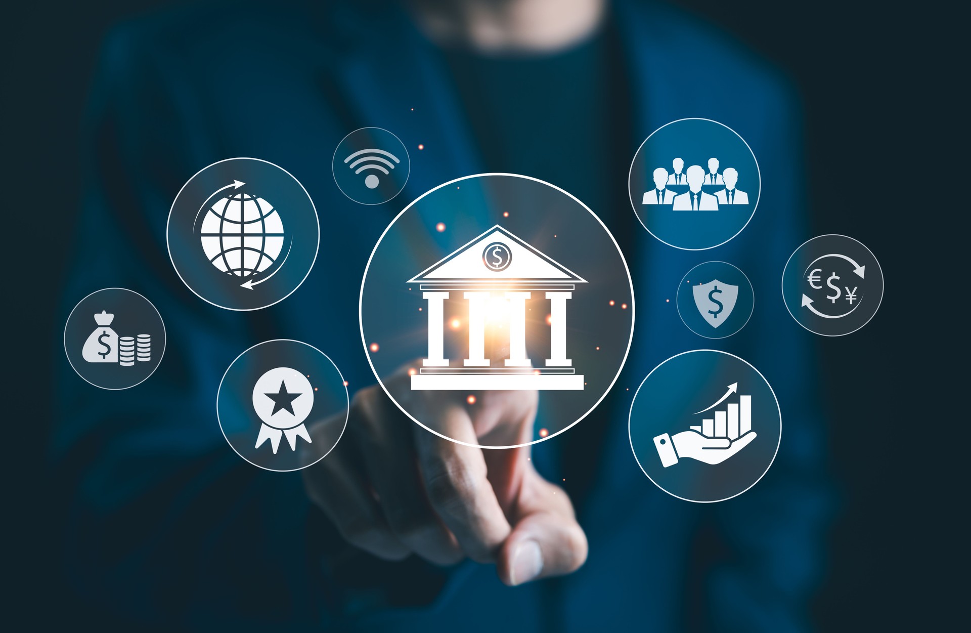Digital Banking and Financial Technology Concept. Businessmen interact with financial icons represent banking, global transactions, currency exchange, financial growth, modern financial technology,