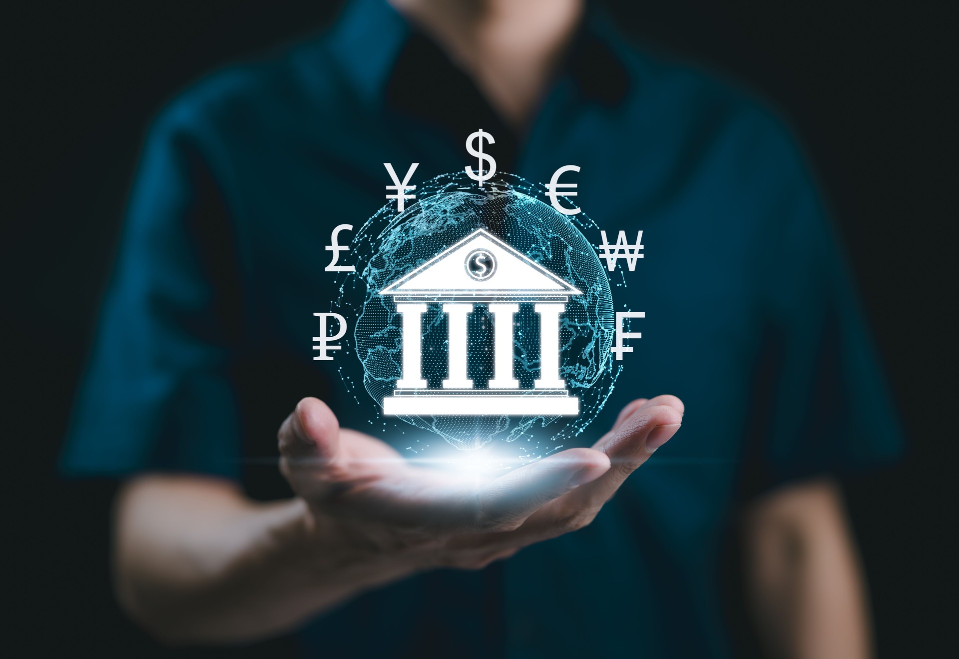 Digital Banking and Global Financial Technology Concept. Digital bank icon has various currency symbols, symbolizing digital banking and global financial transactions. fintech, international finance,