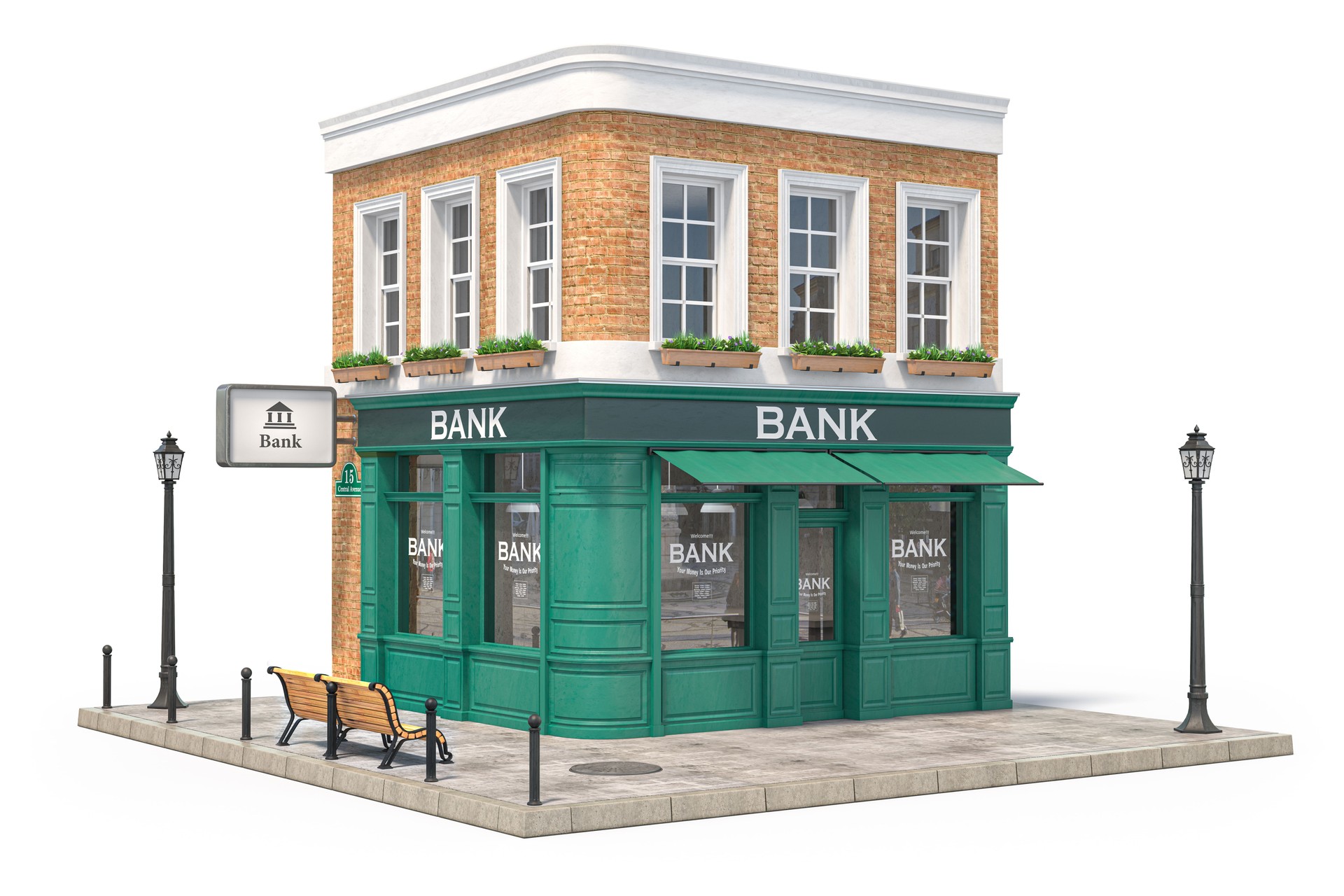 Bank branch office building isolated on white.