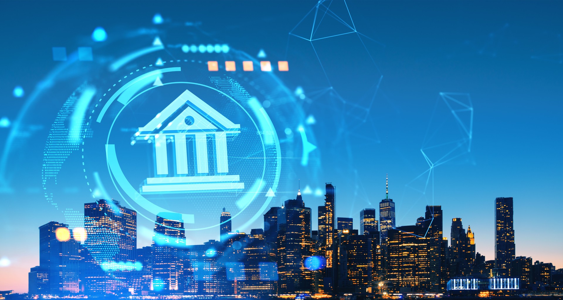 New York with digital bank glowing hologram with abstract lines and circles