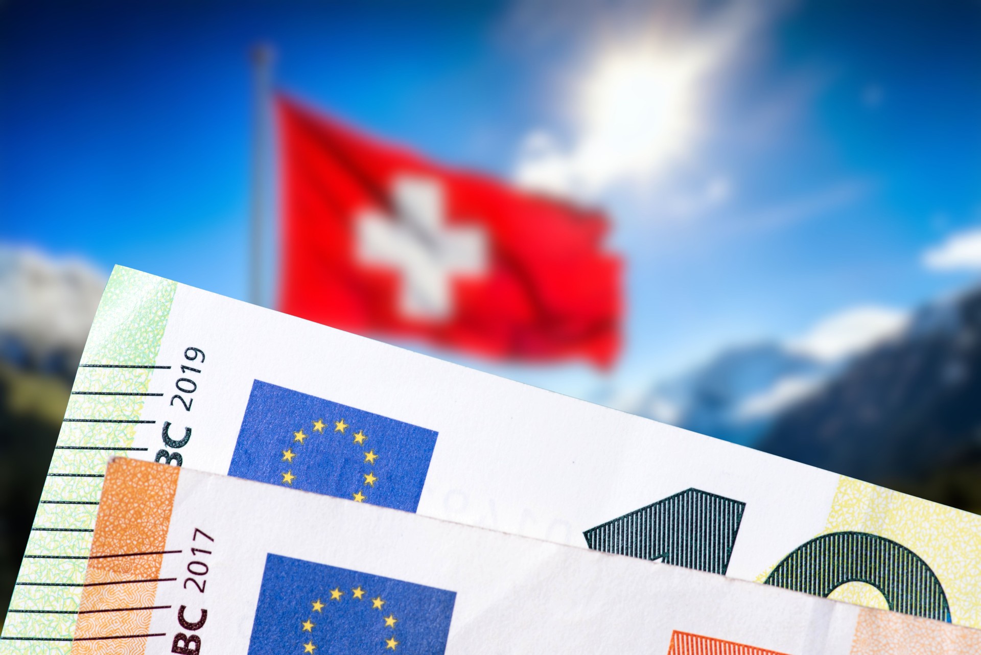 Flag of Switzerland, Economy and Business and Euro Banknotes